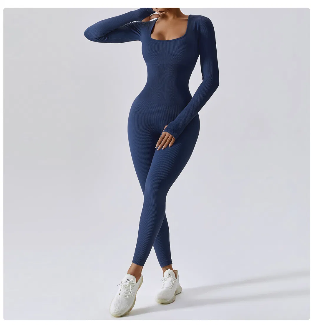 Female Seamless Yoga Bodysuit Dance Fitness Exercise Set Tight Long-Sleeved Yoga Wear